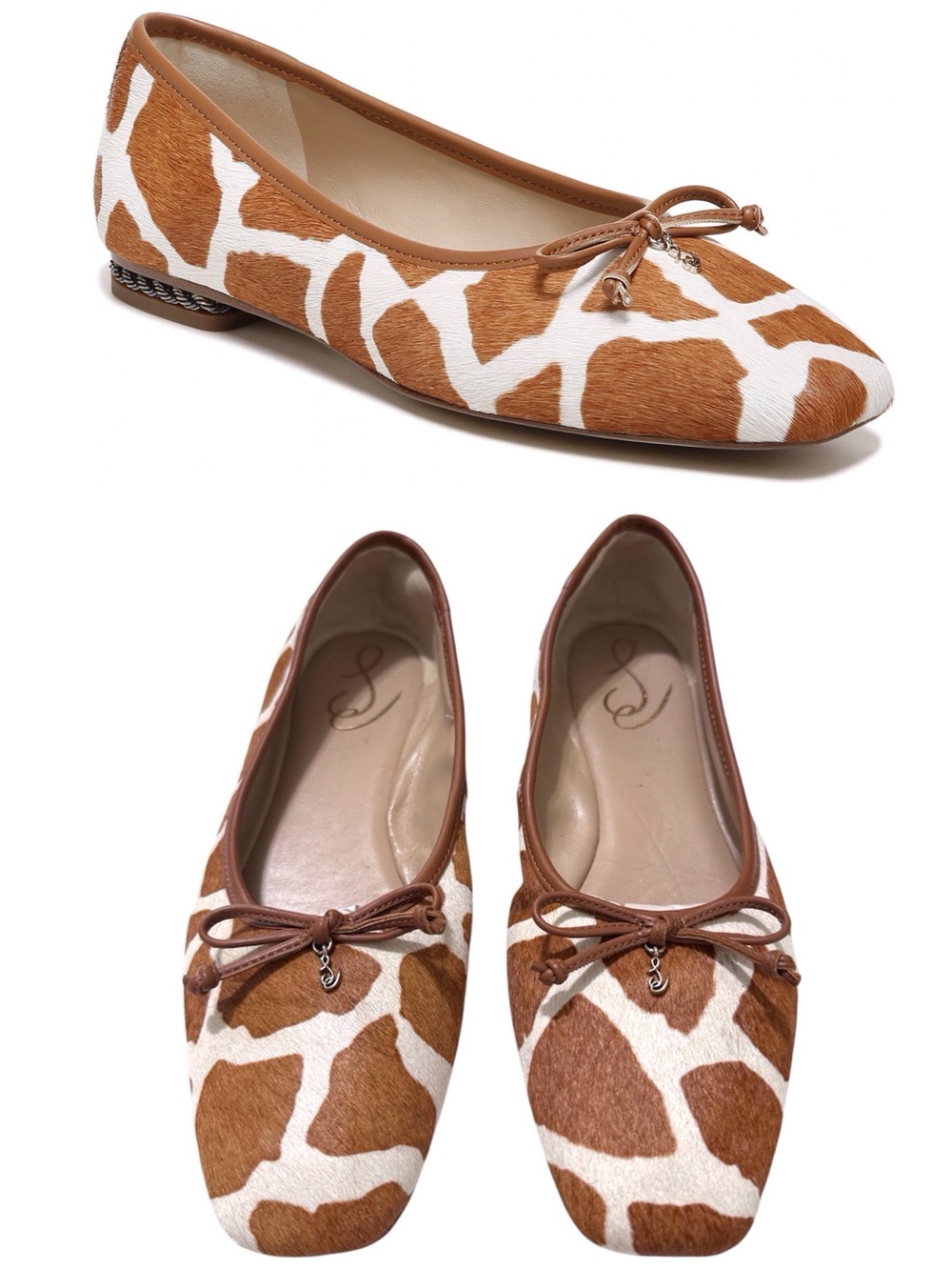 Sam Edelman Marisol Ballet Flats Square Toe Cow Hair Print Ivory Tan Brown 9